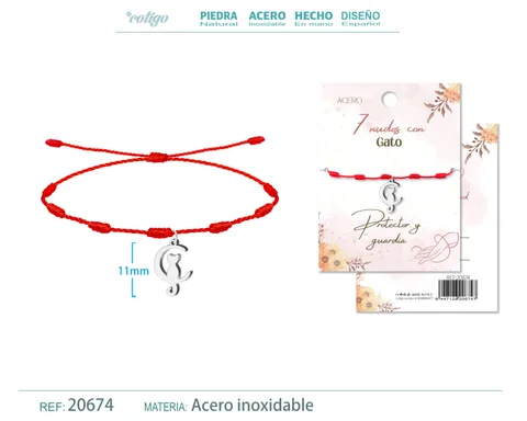 PULSERA 7 NUDOS CON GATO COLOR PLATEADO