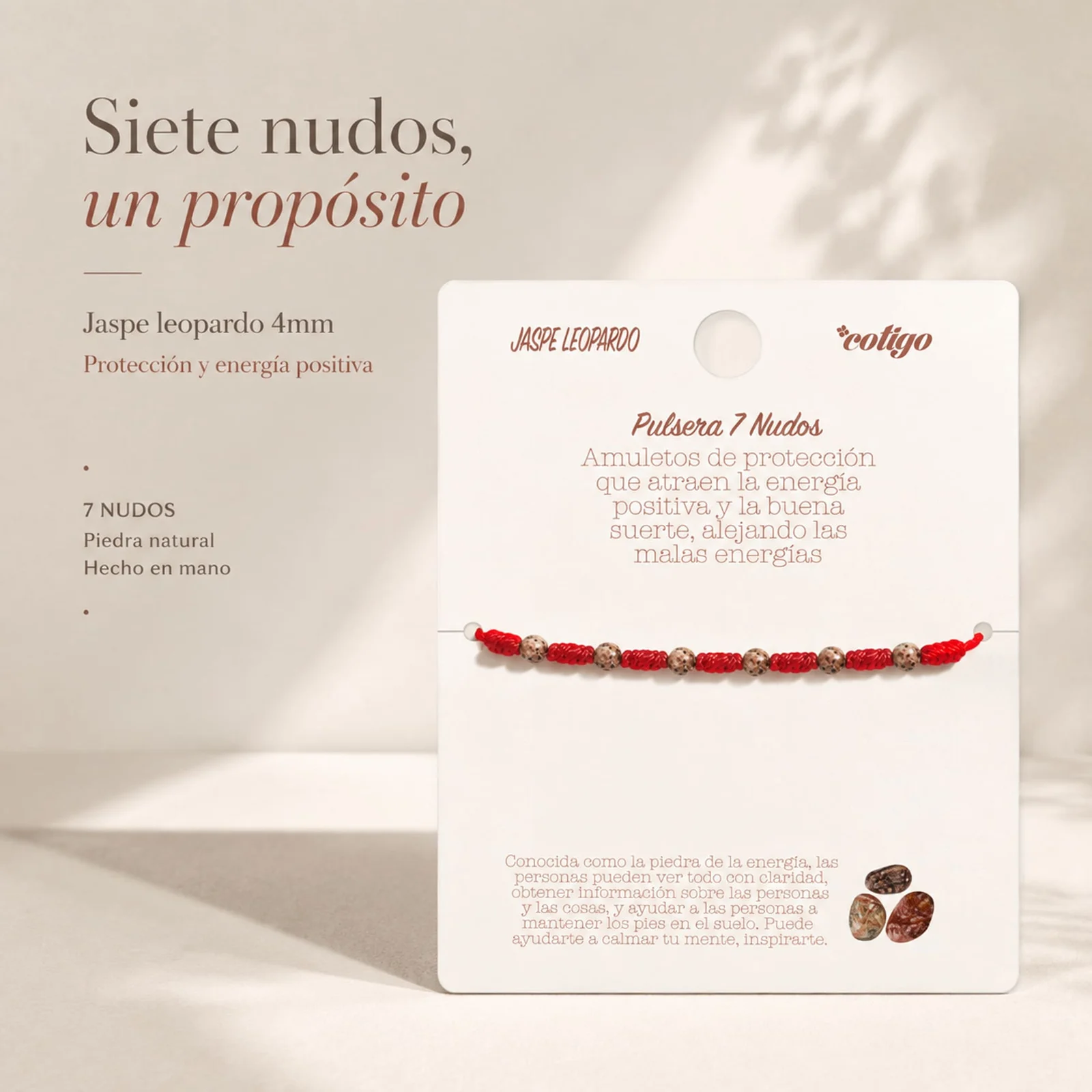 PULSERA 7 NUDOS CON  JASPE LEOPARDO 4MM