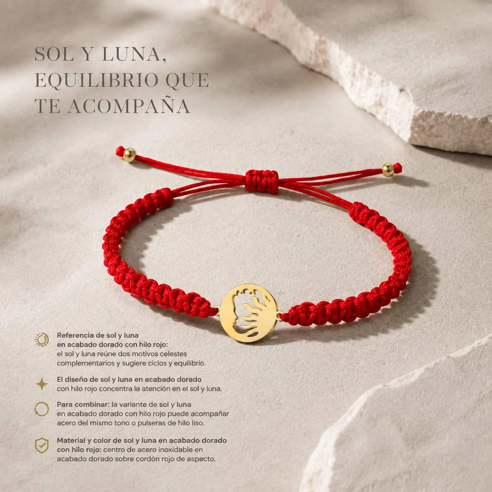 PULSERA HILO DESTINO  CON SOL Y LUNA ACERO DORADO