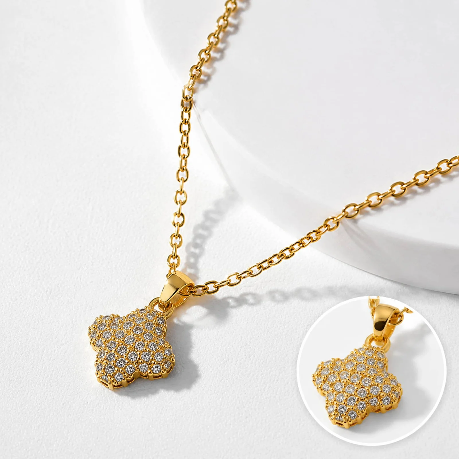 Colgangte Cobre con Circonita Colar Dorado y Cadena Acero