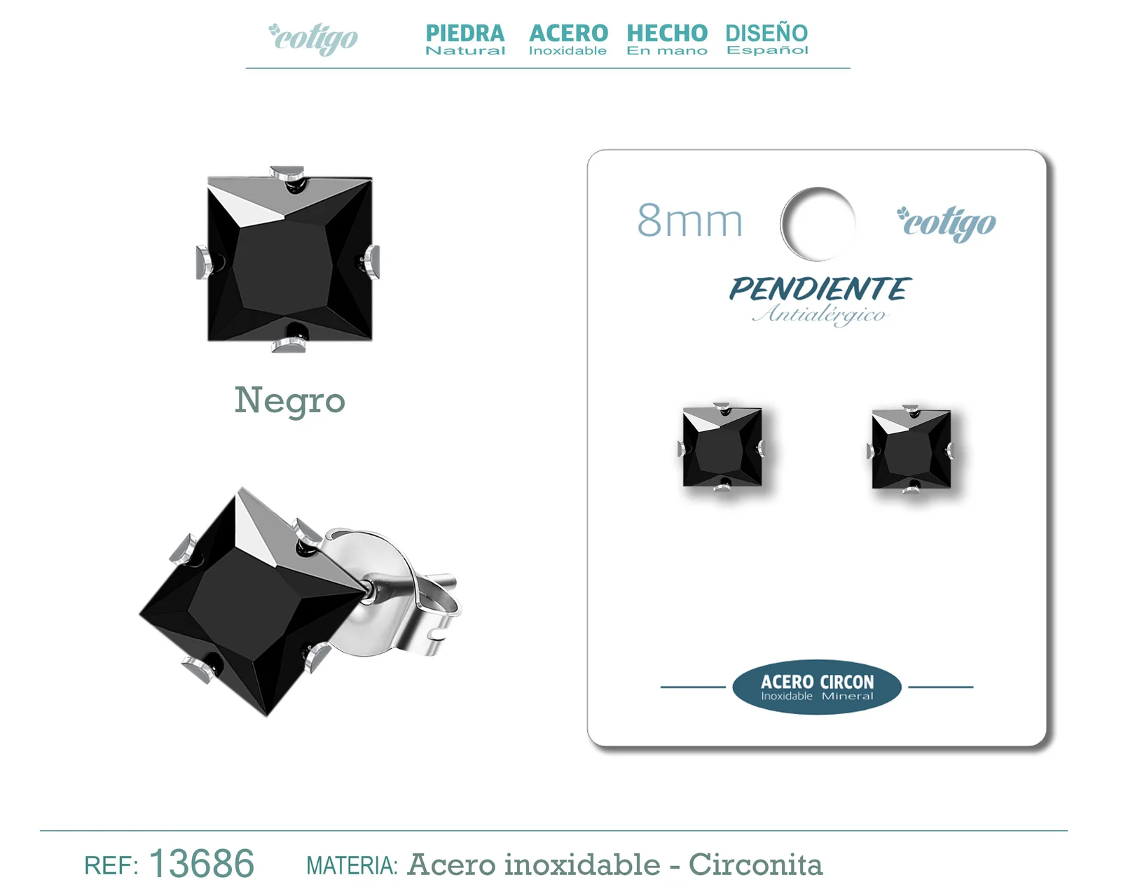 PENDIENTE CIRCONITA CUADRADO-NEGRO-8MM-BASE ACERO PLATEADO