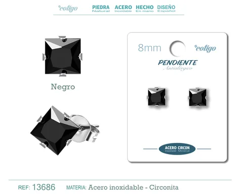 PENDIENTE CIRCONITA CUADRADO-NEGRO-8MM-BASE ACERO PLATEADO