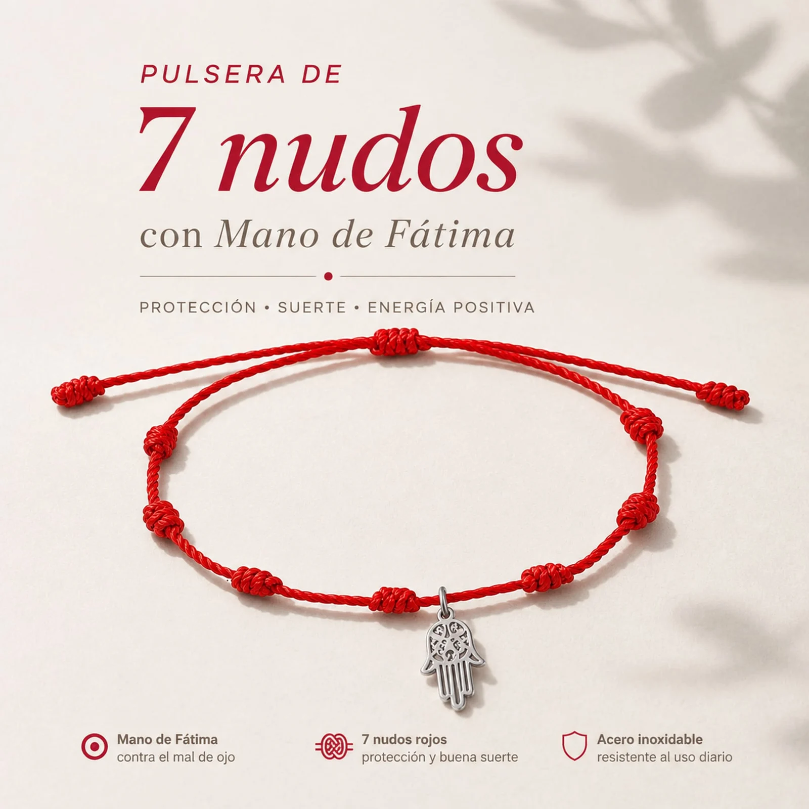 PULSERA 7 NUDOS CON MANO DE FÁTIMA ACERO PLATEADO