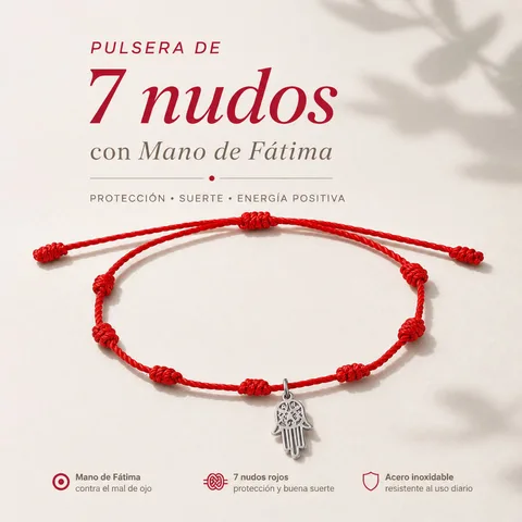 PULSERA 7 NUDOS CON MANO DE FÁTIMA ACERO PLATEADO