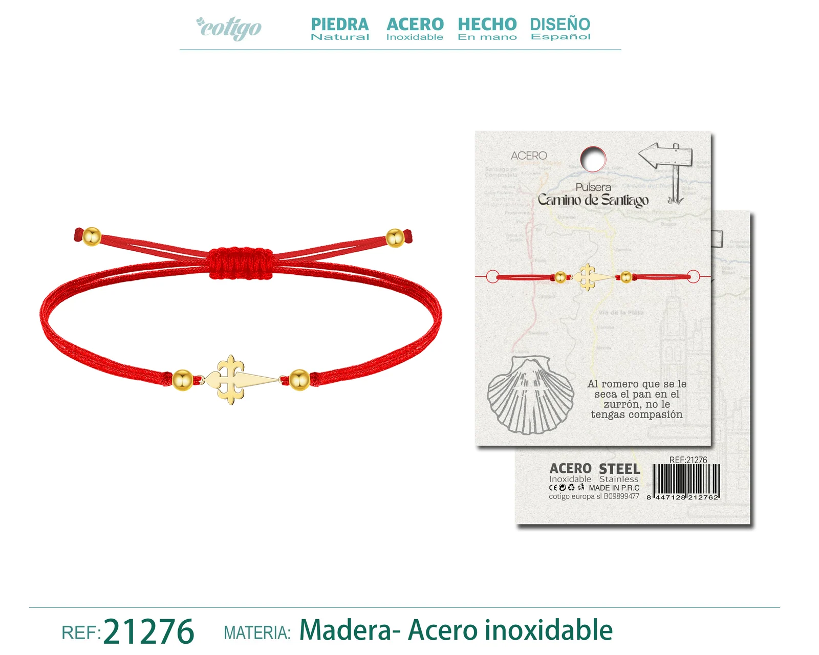 PULSERA HILO ENCERADO CON CRUZ SANTIAGO ACERO DORADO