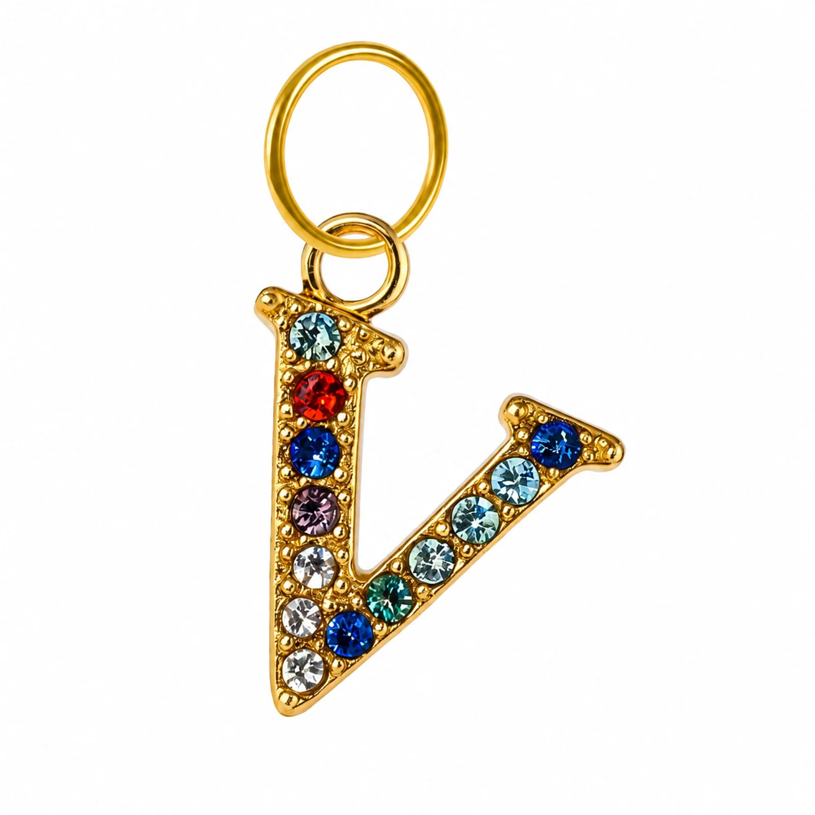 CHARM DE LETRA V ACERO COLOR DORADO CON CIRCONITA