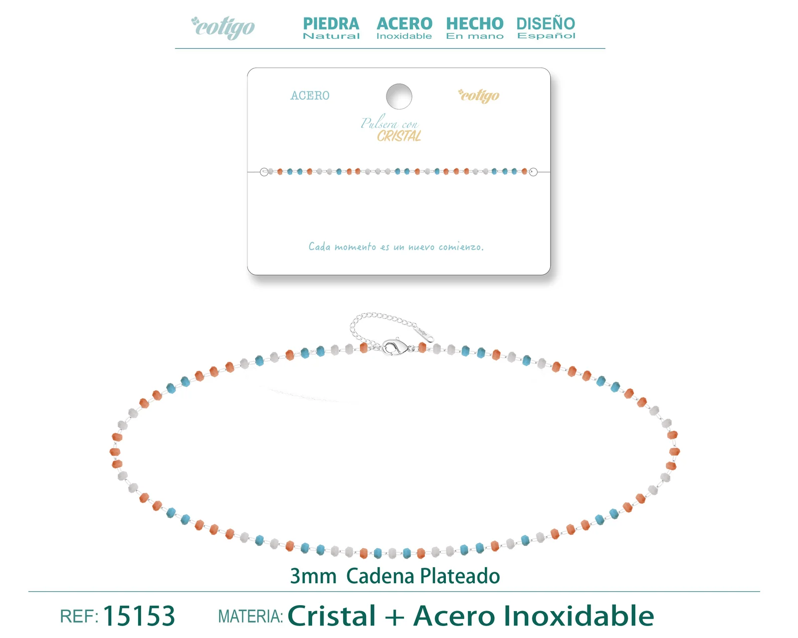 PULSERA ACERO COLOR PLATEADO CON BOLA CRISTA