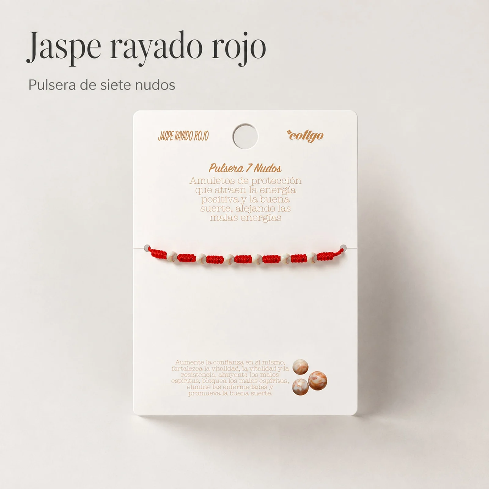 PULSERA 7 NUDOS CON  JASPE RAYADO ROJO 4MM