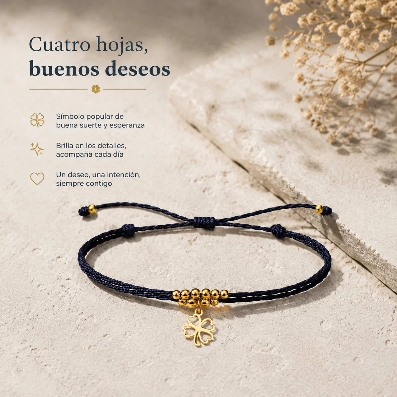 PULSERA HILO ENCERADO CON COLGANTE TRÉBOL ACERO DORADO