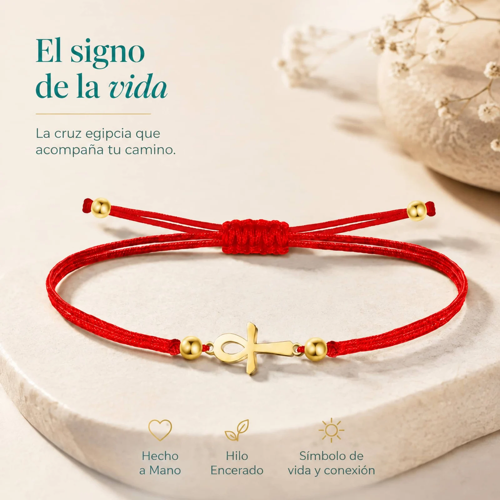 PULSERA CRUZ EGIPCIA DORADO DE HILO EN.ROJO