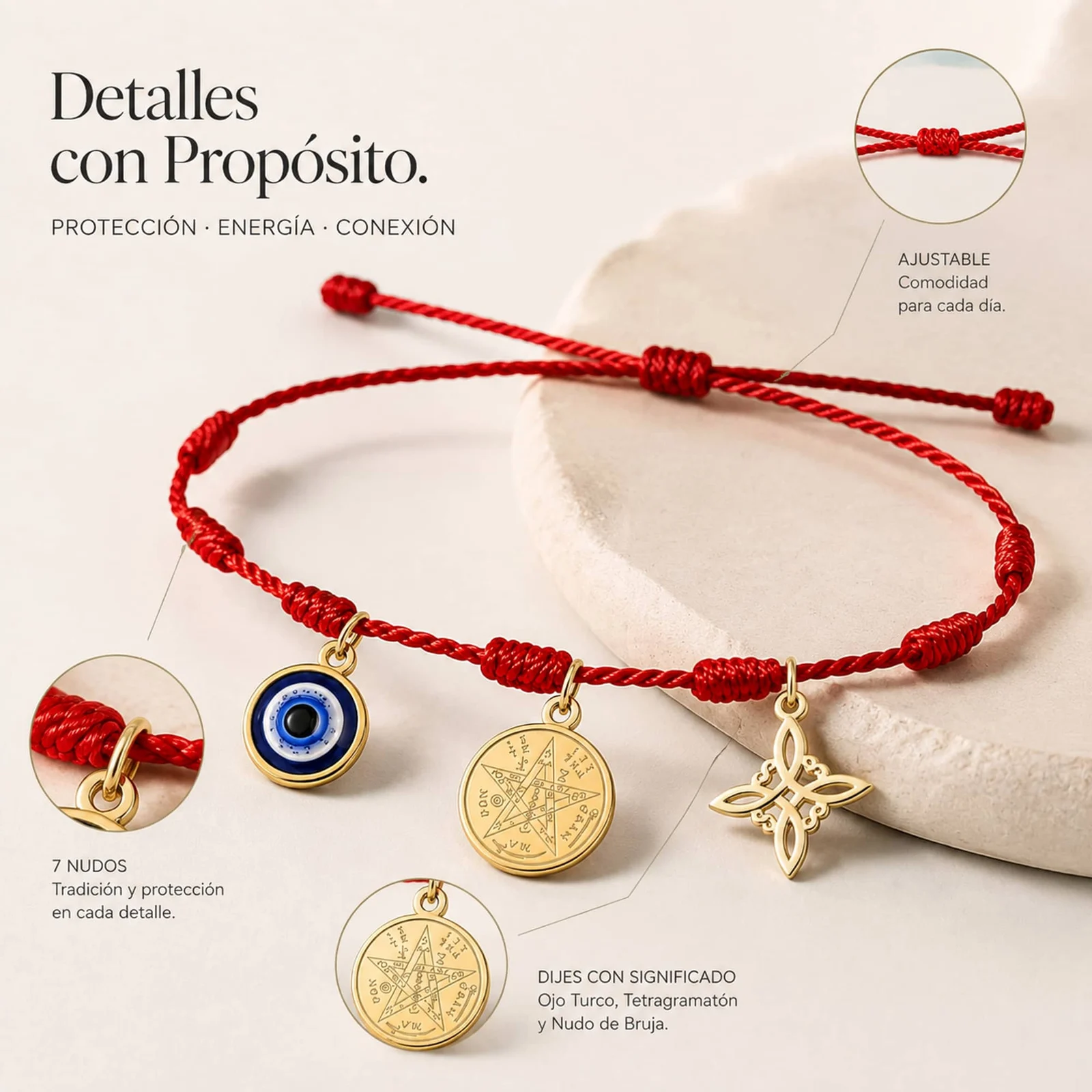 PULSERA 7 NUDOS CON TETRAGRÁMATON  NUDO DE BRUJA Y OJO TURCO ACERO DORADO