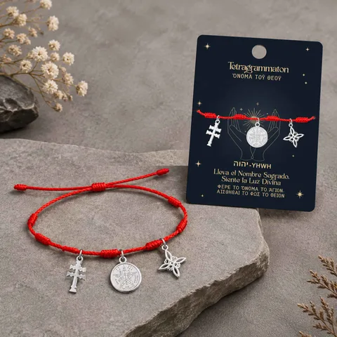 PULSERA 7 NUDOS CON TETRAGRÁMATON  NUDO DE BRUJA Y CRUZ CARAVACA ACERO PLATEADO