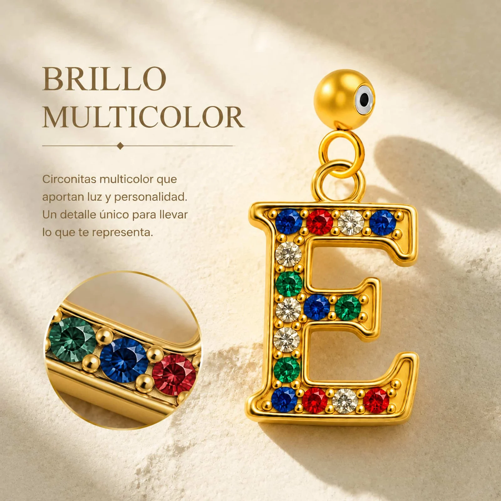 CHARM DE LETRA E ACERO COLOR DORADO CON CIRCONITA-CON BOLA DE GOMA