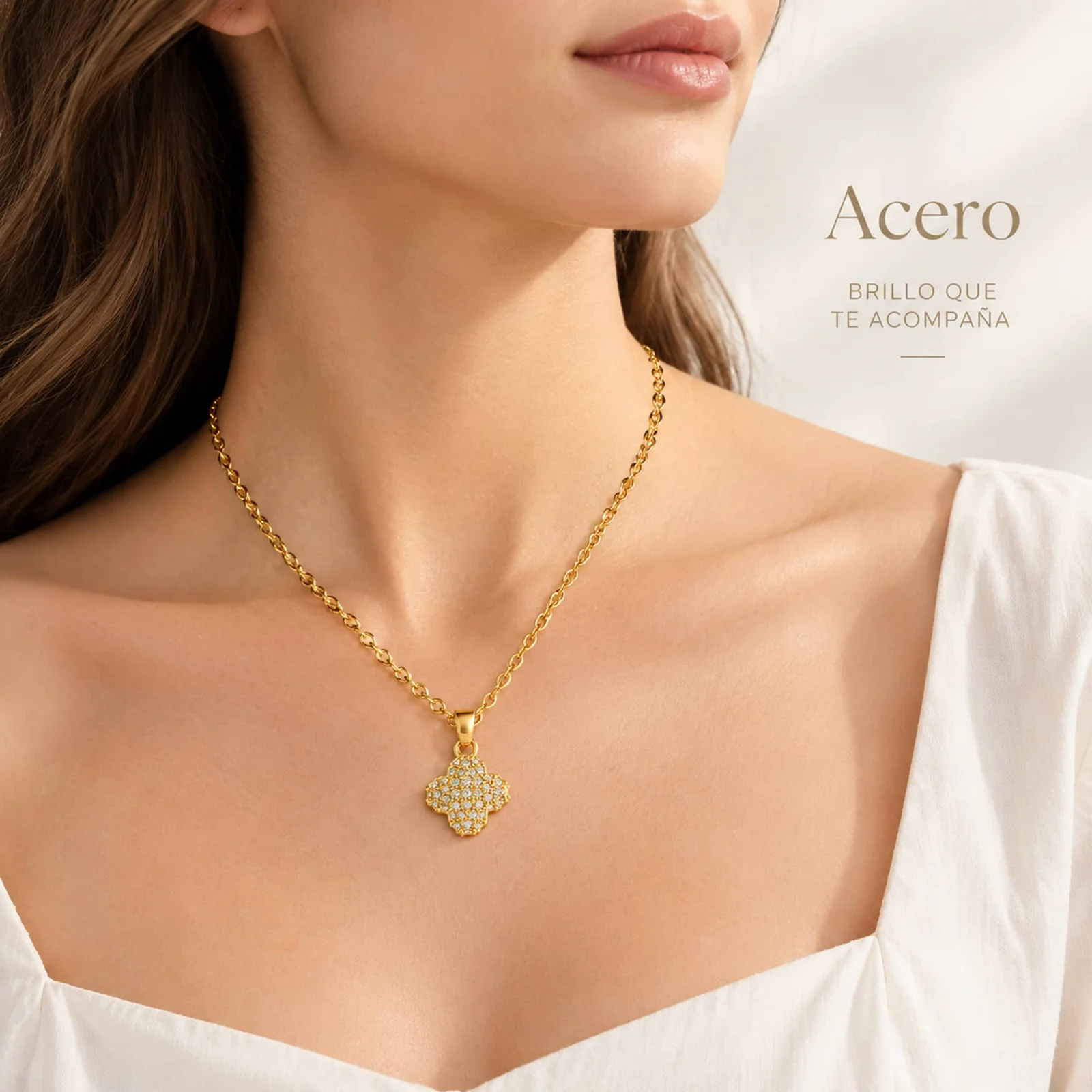 Colgangte Cobre con Circonita Colar Dorado y Cadena Acero