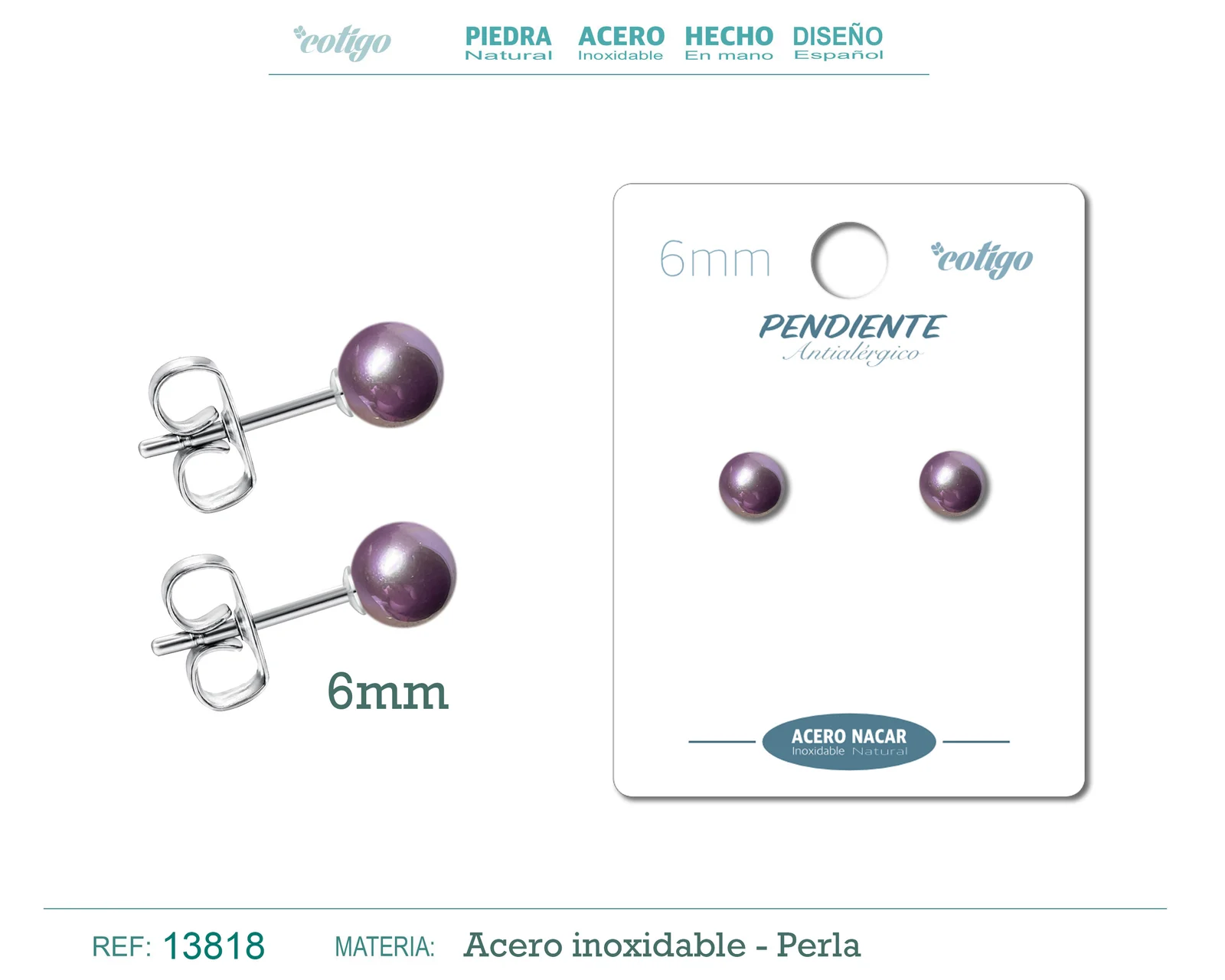 PENDIENTE ACERO+PERLA NÁCAR 6MM VIOLETA