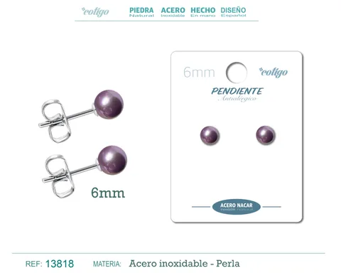 PENDIENTE ACERO+PERLA NÁCAR 6MM VIOLETA