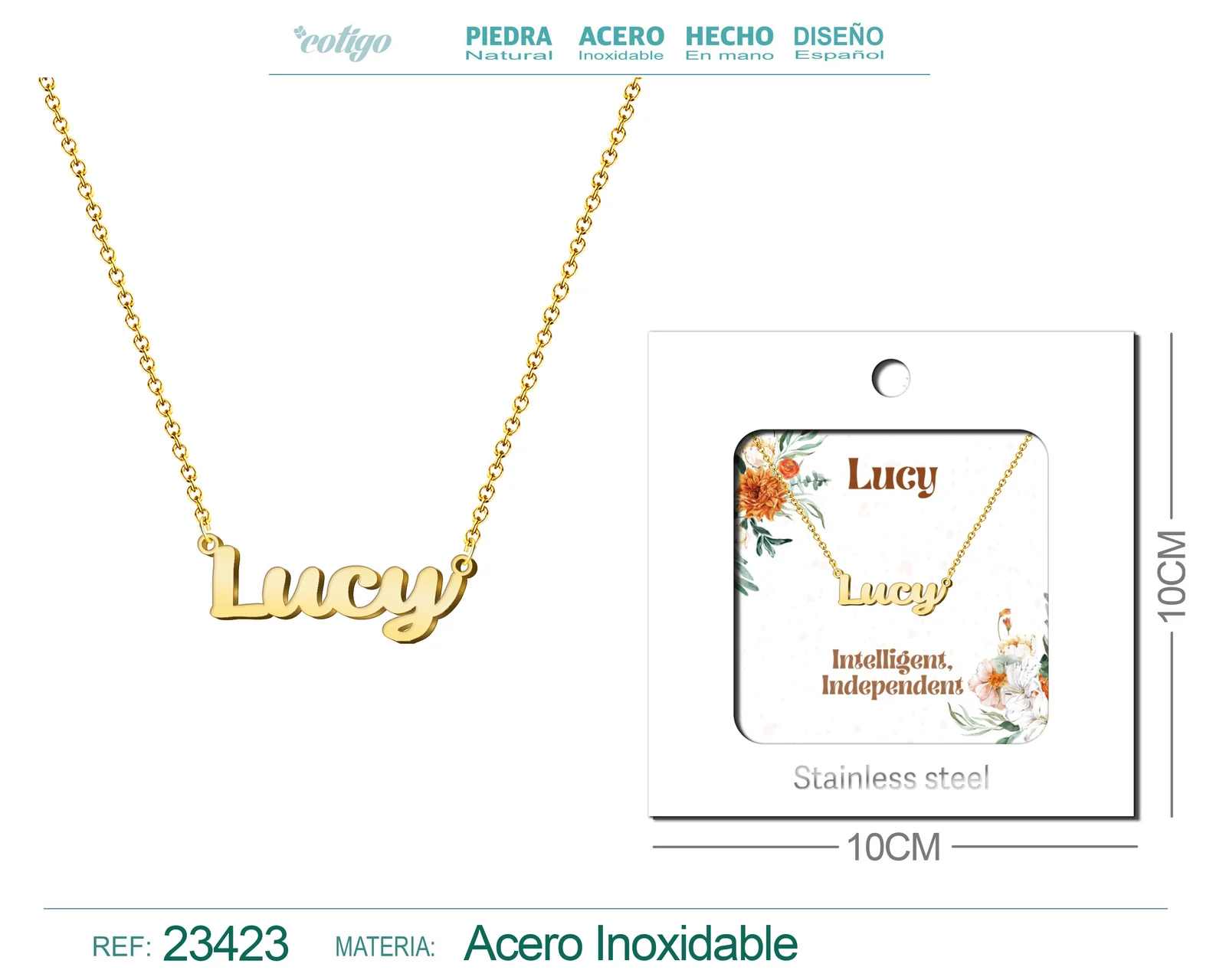 COLLAR NOMBRE INGLES LUCY ACERO CON SOBRE