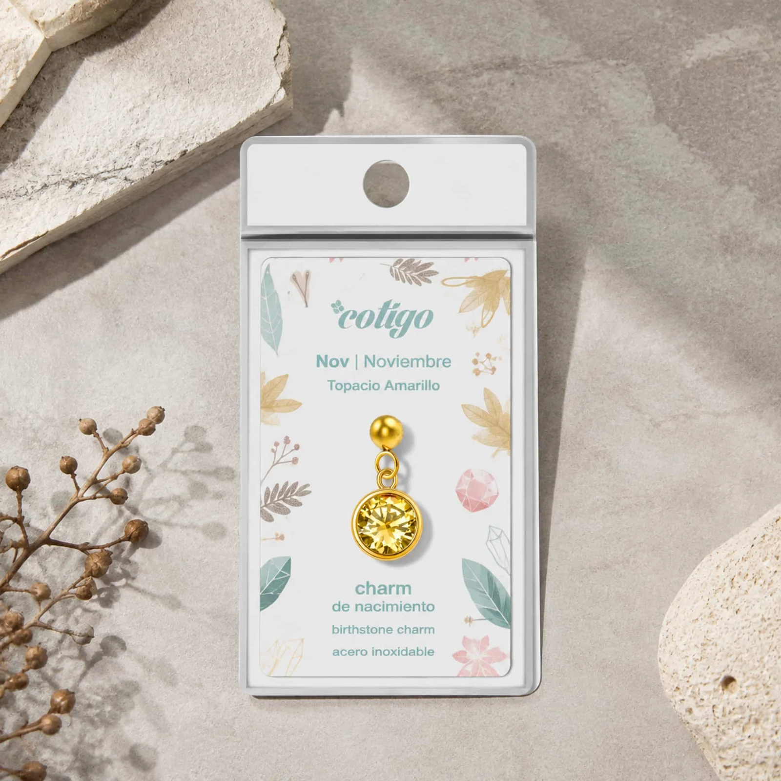 CHARM ACERO DORADO CON PIEDRA NACIMIENTO DE NOVIEMBRE-CON BOLA DE GOMA
