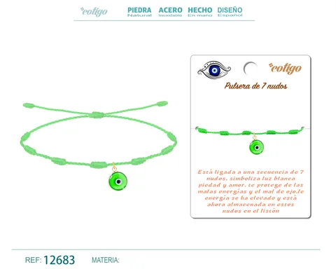 PULSERA 7 NUDOS VERDE CON COLGANTE DE OJO TURCO
