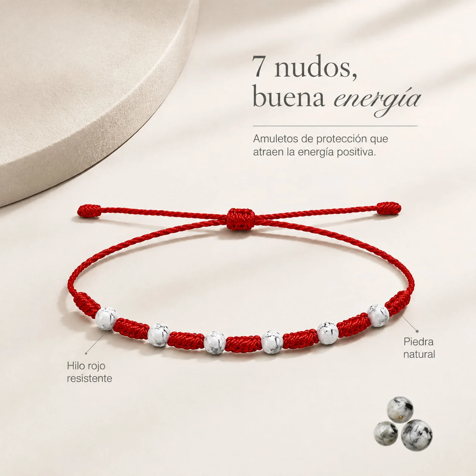 PULSERA 7 NUDOS CON  PIEDRA BLANCO-NEGRA 4MM