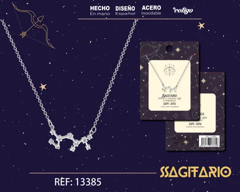 COLLAR MAPA ESTELAR DEL ZODIACO SAGITARIO PLATEADO CON STRAS