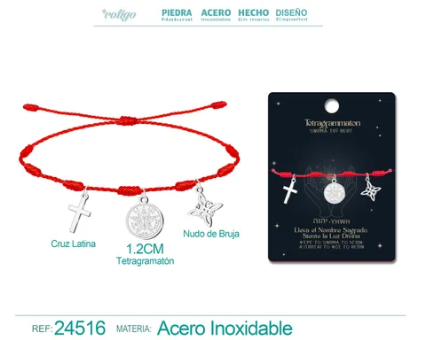 PULSERA 7 NUDOS CON TETRAGRAMMATON  NUDO DE BRUJA Y CRUZ LATINA ACERO PLATEADO