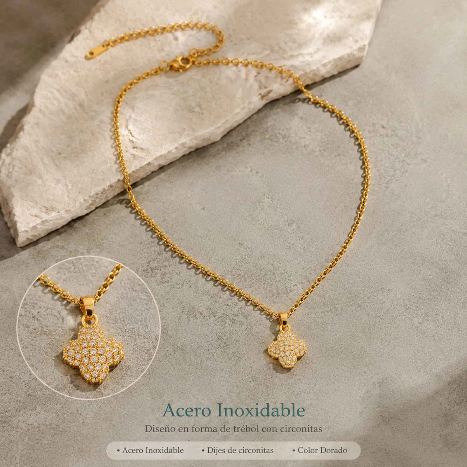 Colgangte Cobre con Circonita Colar Dorado y Cadena Acero