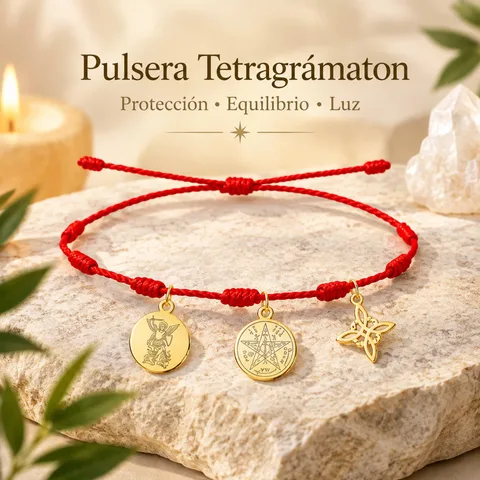 PULSERA 7 NUDOS CON TETRAGRÁMATON  NUDO DE BRUJA Y SAN MIGUEL ARCÁNGEL ACERO DORADO