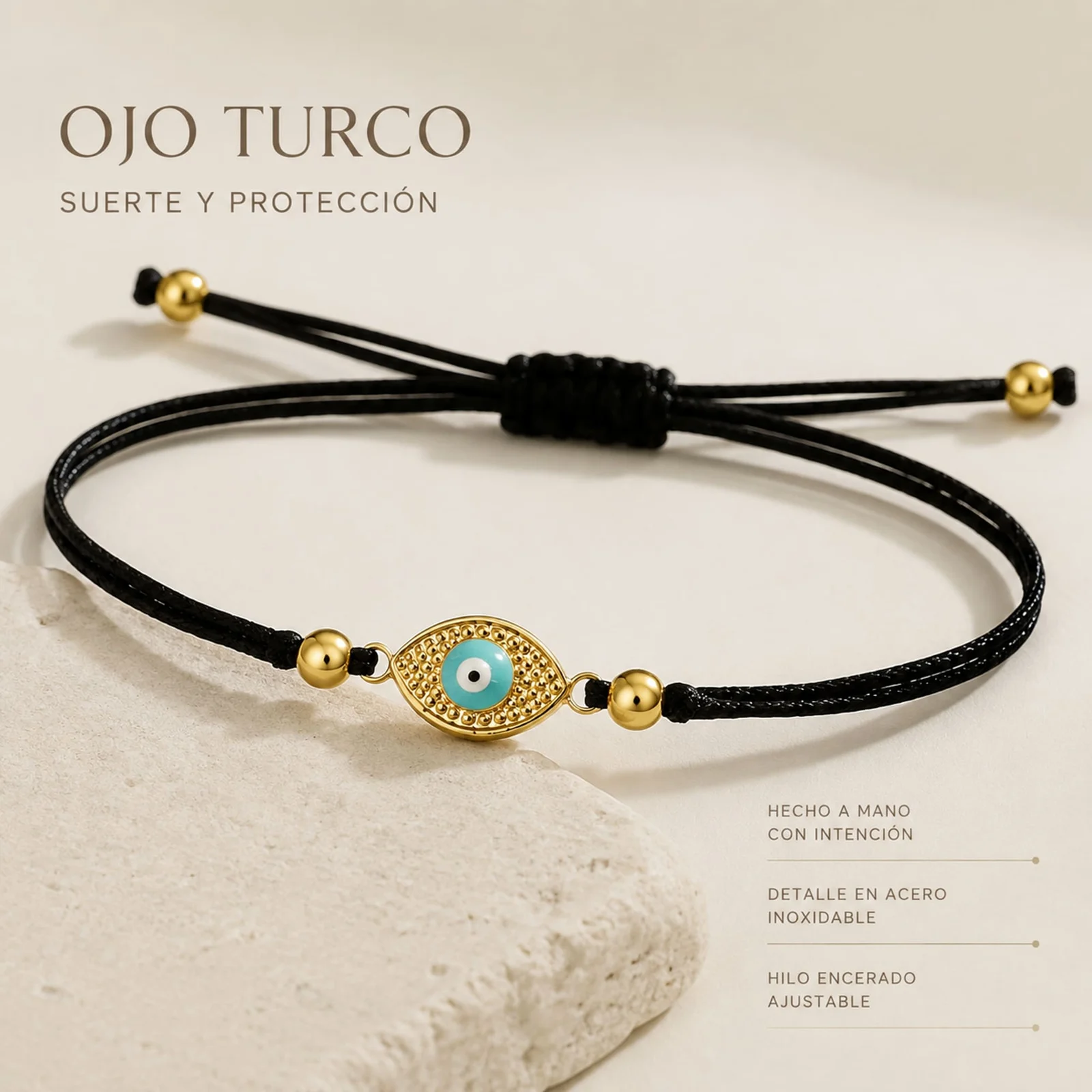Pulsera Hilo encerado Negro CON OJO TURCO Dorado
