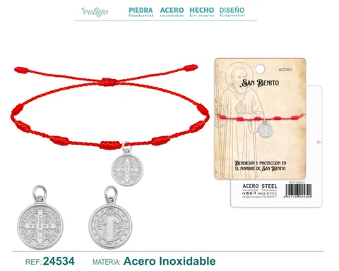 PULSERA 7 NUDOS CON SAN BENITO ACERO PLATEADO
