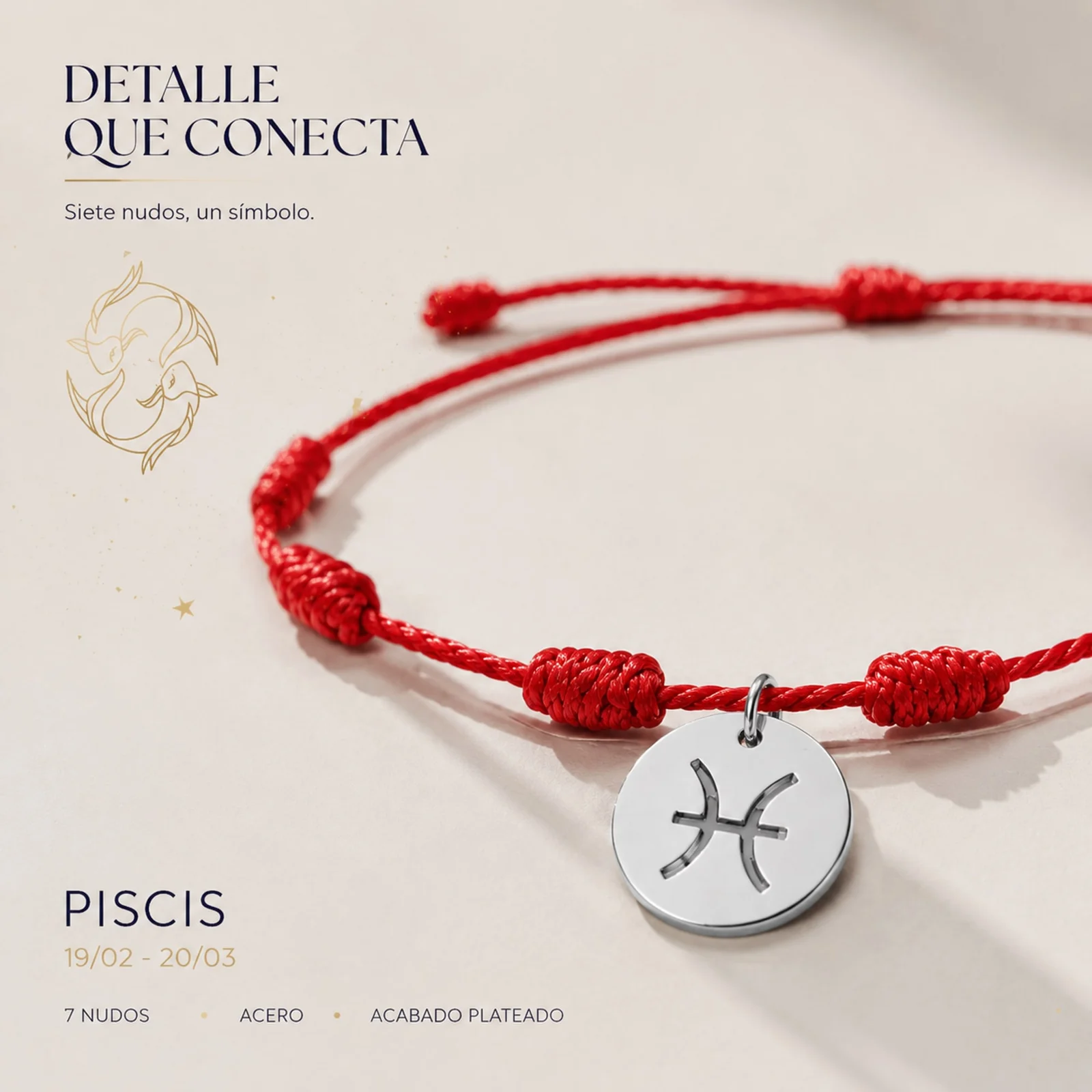 PULSERA 7 NUDOS CON PISCIS ACERO. COLOR PLATEADO