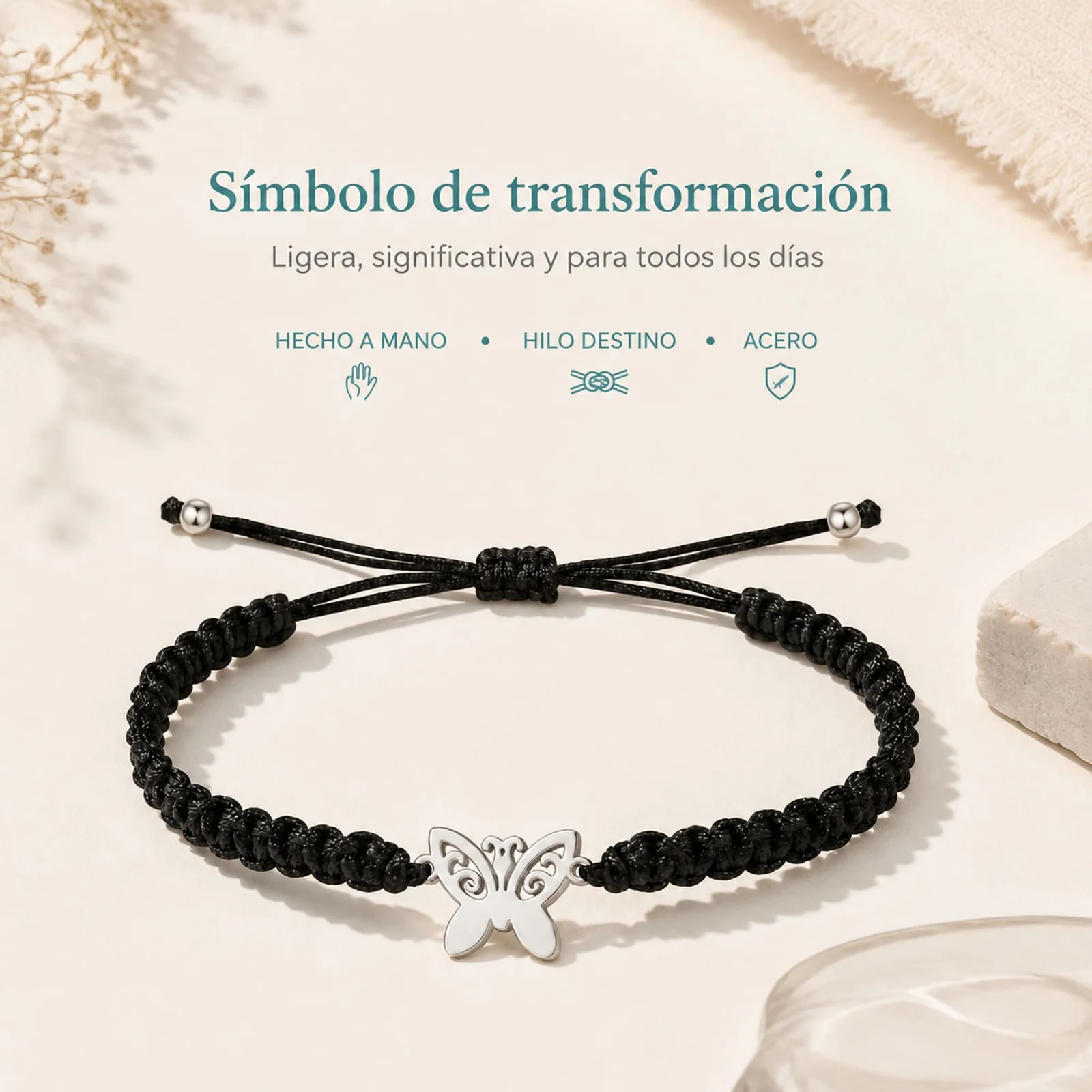 PULSERA HILO DESTINO  CON MARIPOSA ACERO PLATEADO