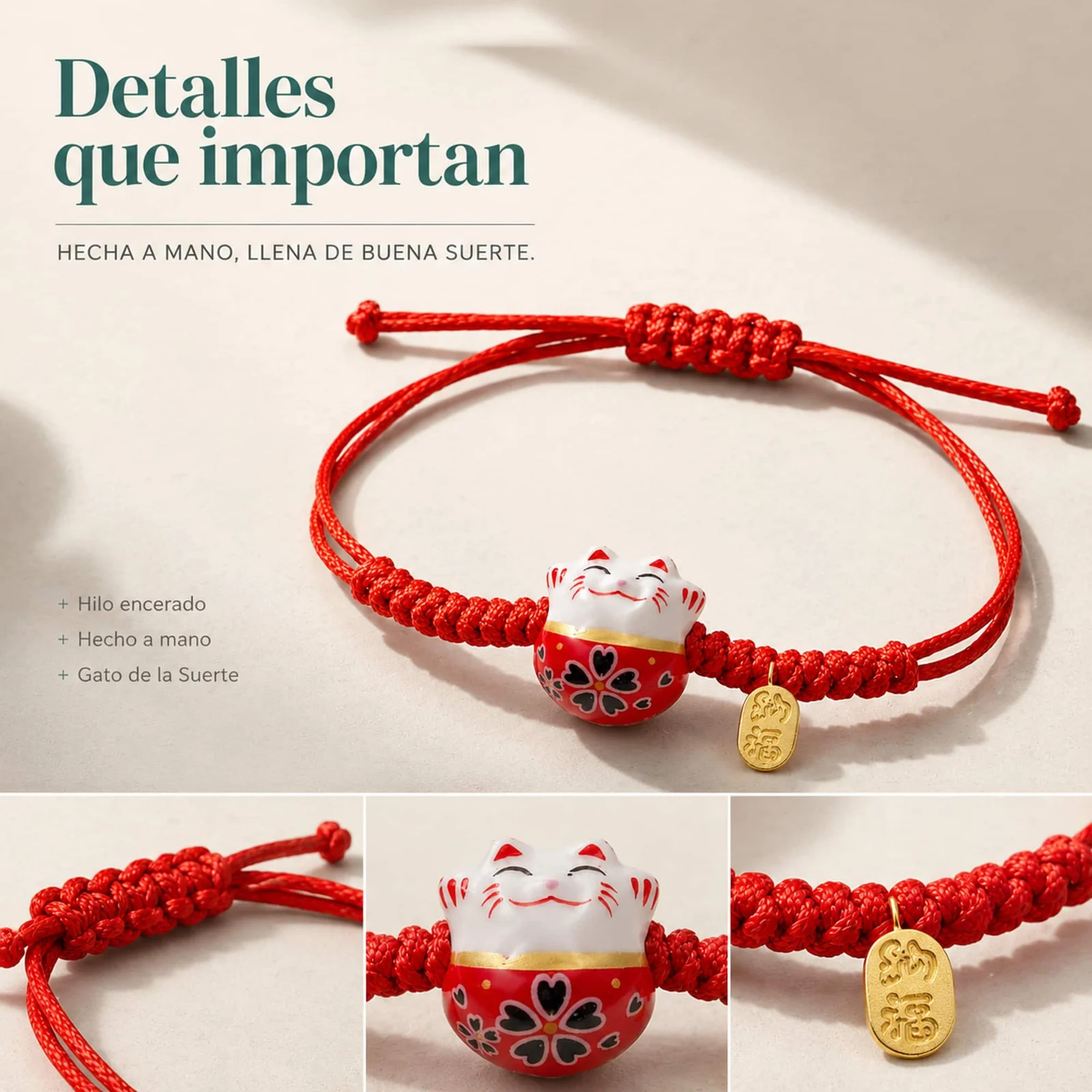 PULSERA HILO ENCERADO CON GATO DE SUERTE