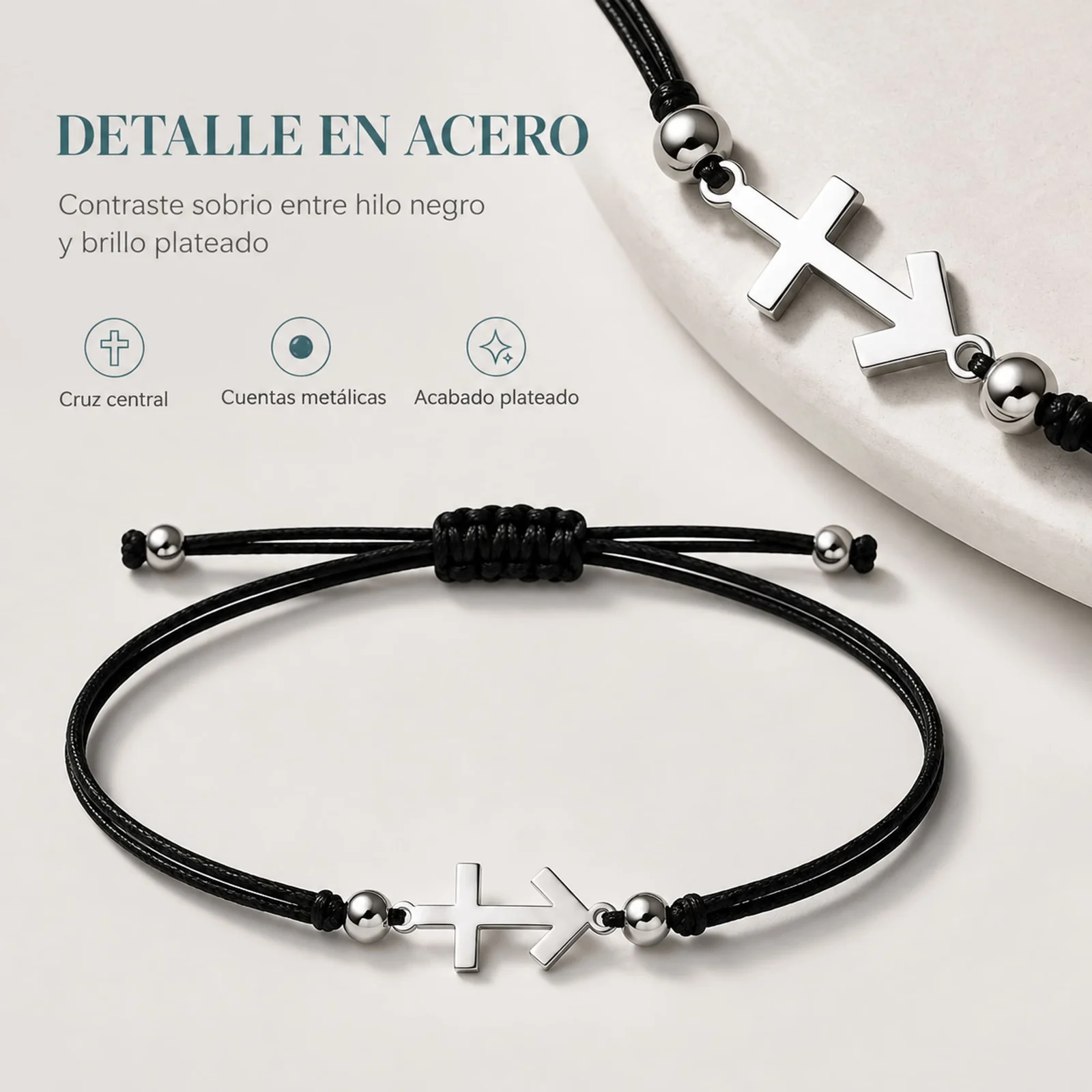 PULSERA CRUZ CONTRA EL MAL PLATEADO DE HILO EN.NEGRO
