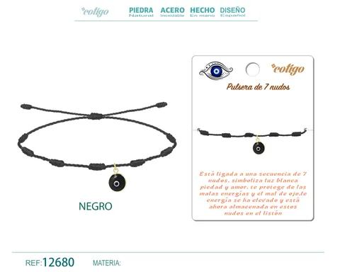 PULSERA 7 NUDOS COLOR NEGRO CON OJO TURCO