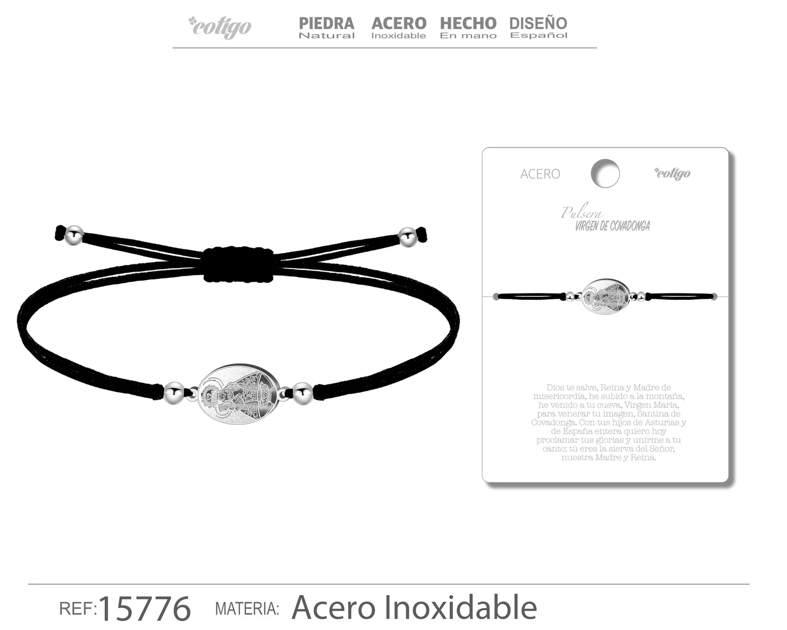 PULSERA HILO ENCERADO CON VIRGEN DE COVADONGA COLOR PLATEADO