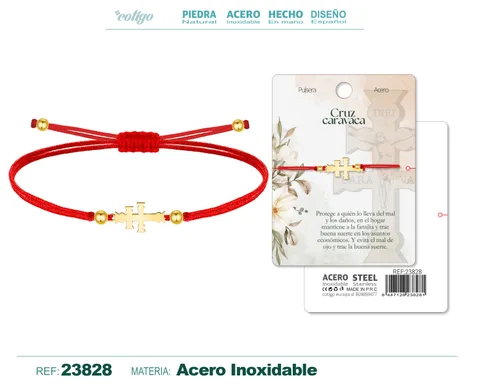PULSERA HILO ENCERADO CON CRUZ CARAVACA ACERO COLOR DORADO