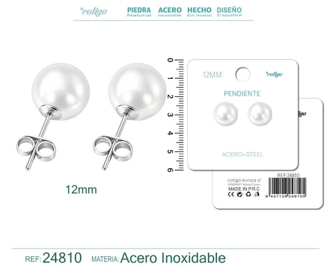 PENDIENTE DE PERLA REDONDA 12MM CON ACCESORIO ACERO