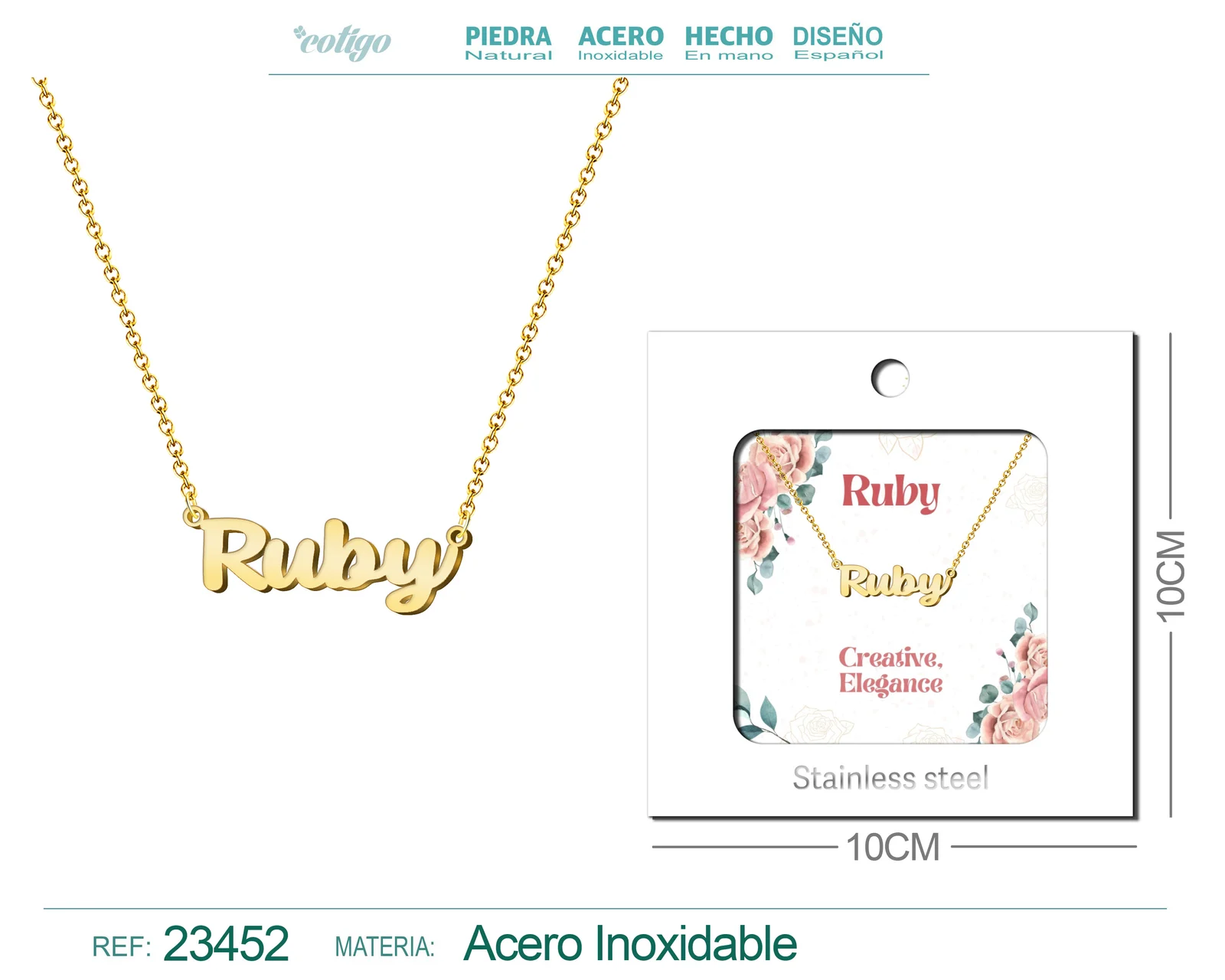 COLLAR NOMBRE INGLES RUBY ACERO CON SOBRE