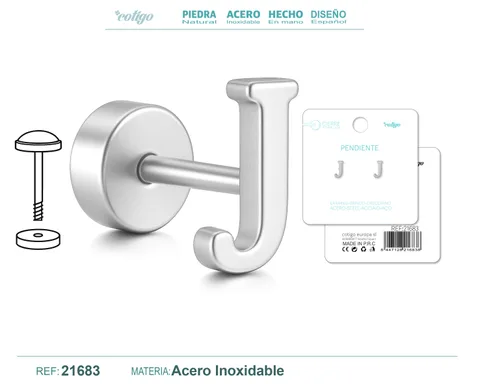 PENDIENTE ACERO  LETRA J COLOR PLATEADO CON CIERRE ROSCA