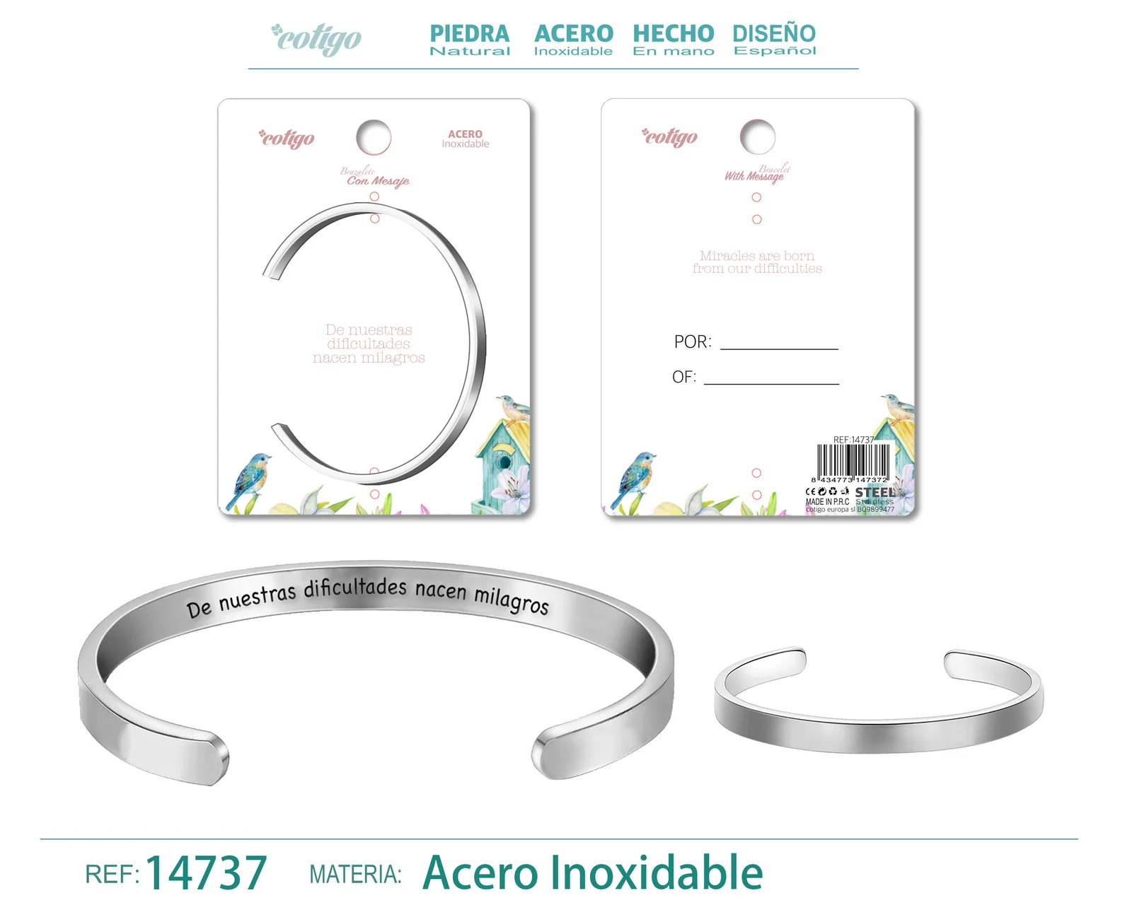 BRAZALETE ACERO CON MENSAJE ESPAÑOL