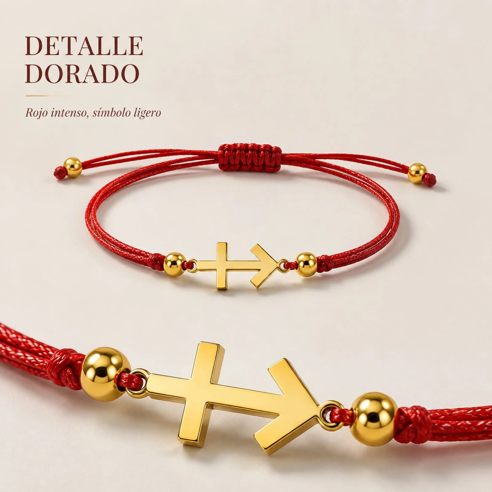 PULSERA CRUZ CONTRA EL MAL DORADO DE HILO EN.ROJO