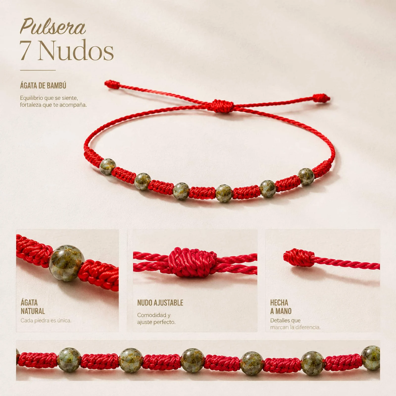 PULSERA 7 NUDOS CON  ÁGATA DE BAMBÚ 4MM
