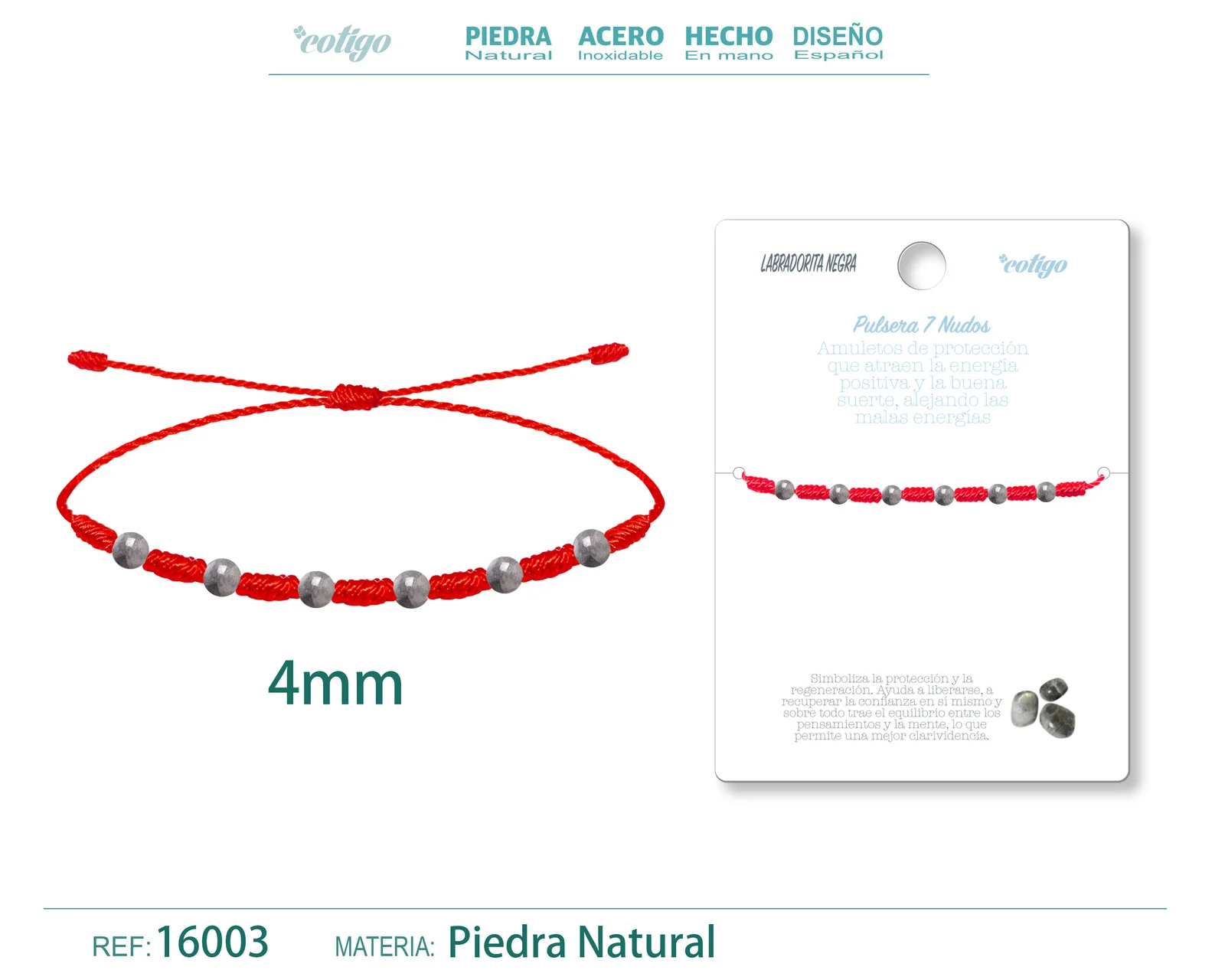 PULSERA 7 NUDOS CON  LABRADORITA NEGRA 4MM