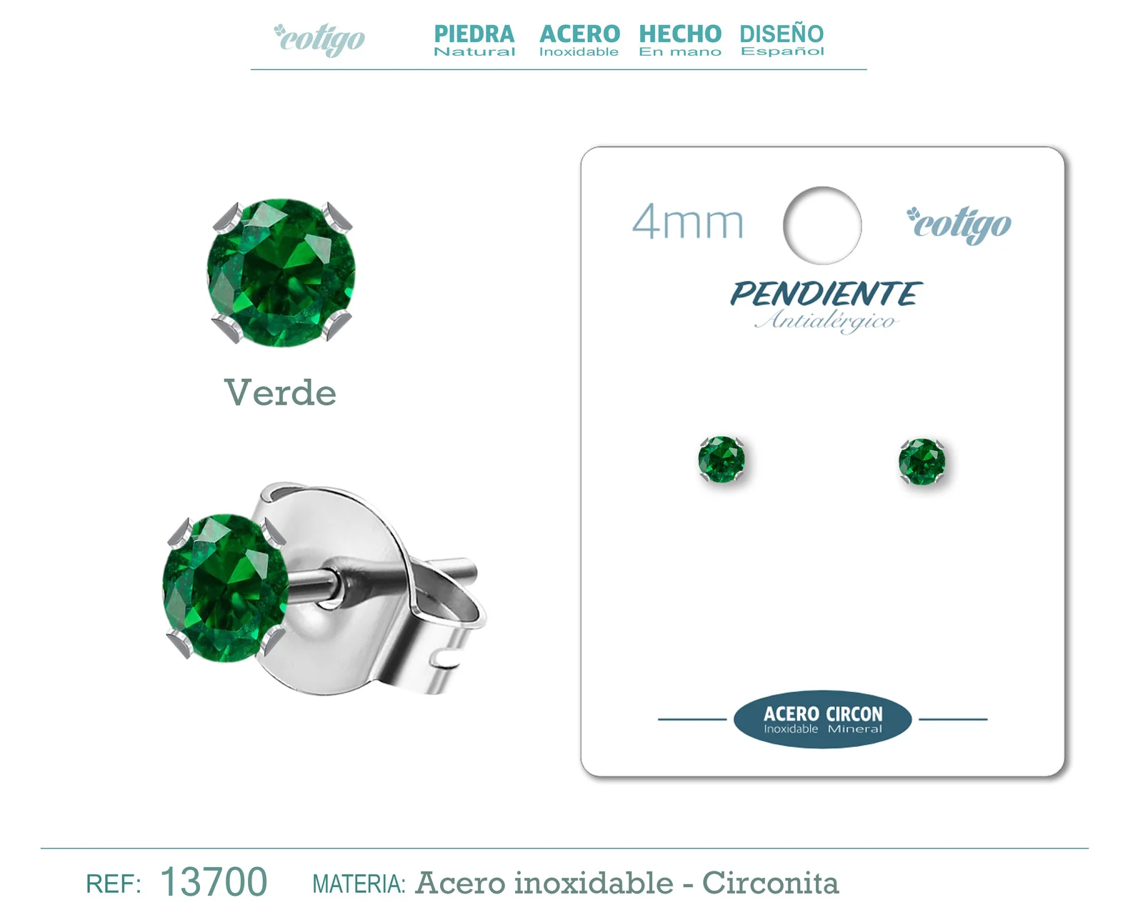 PENDIENTE CIRCONITA REDONDO-VERDE-4MM-BASE ACERO PLATEADO