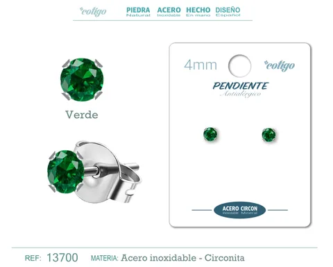 PENDIENTE CIRCONITA REDONDO-VERDE-4MM-BASE ACERO PLATEADO