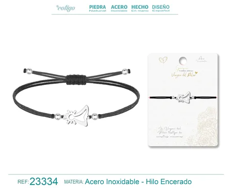 PULSERA HILO ENCERADO CON VIRGEN DEL PILAR ACERO COLOR PLATEADO