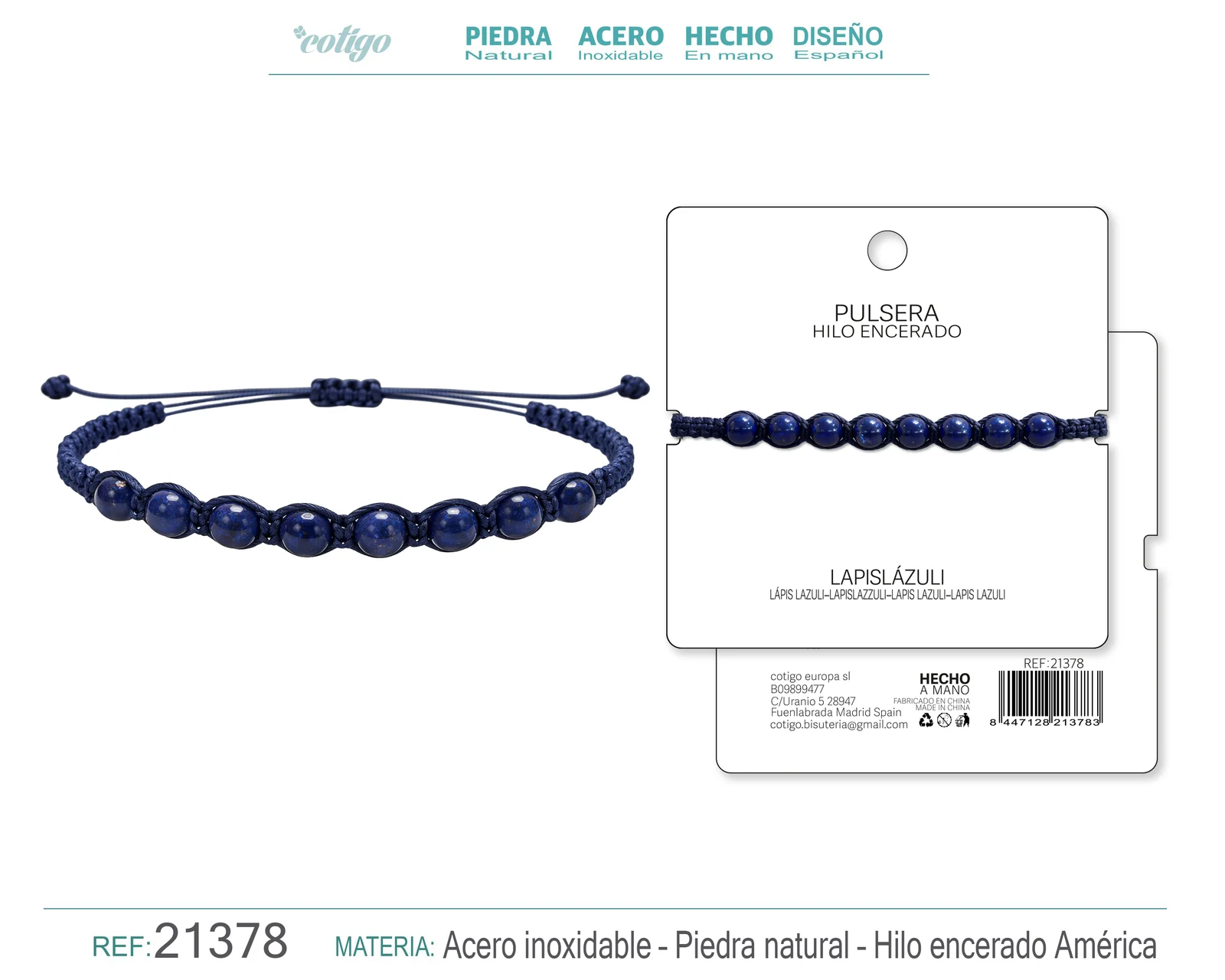 PULSERA HILO ENCERADO CON LAPIZRAZURI
