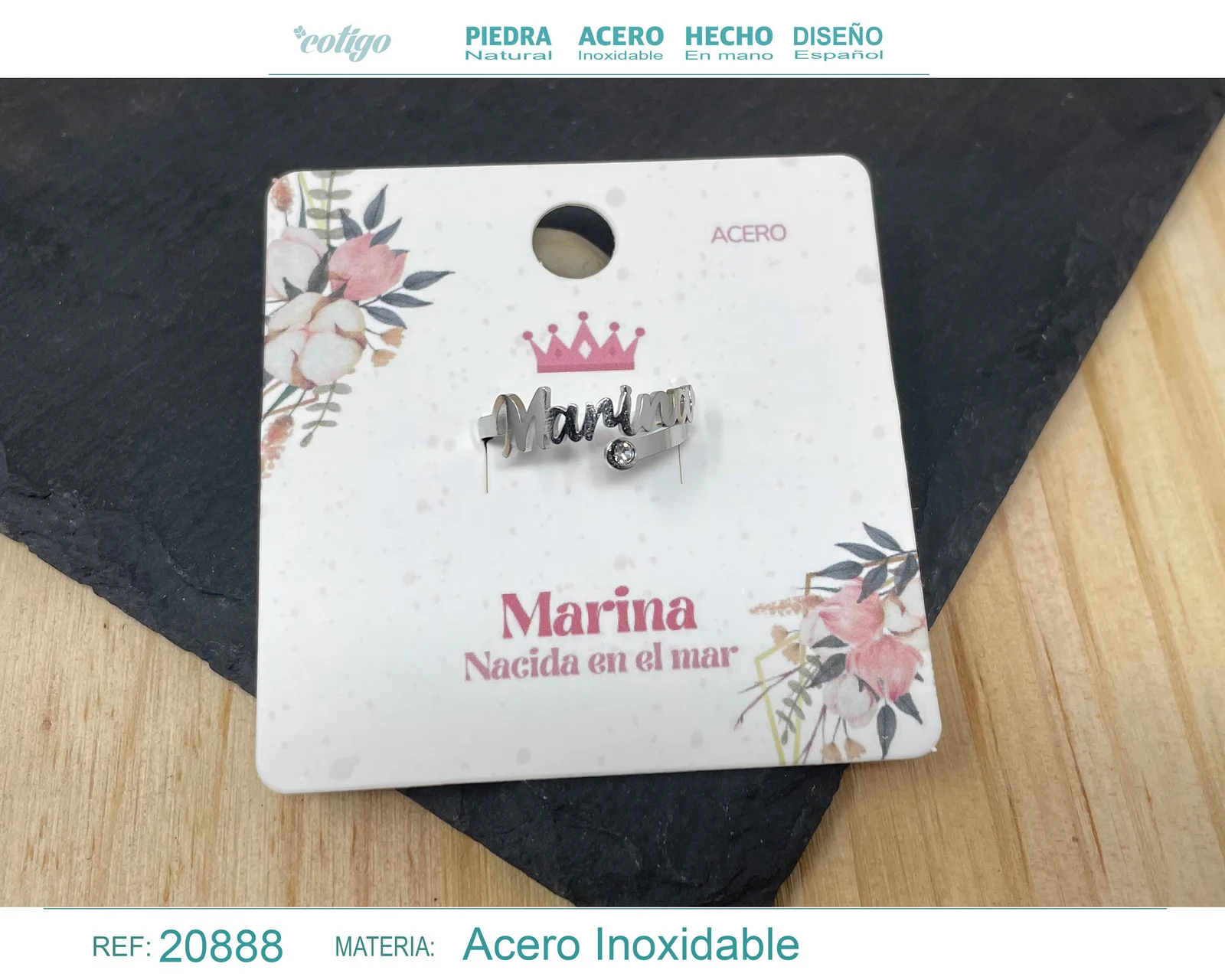 ANILLO NOMBRE MARINA ACERO COLOR PLATEADO