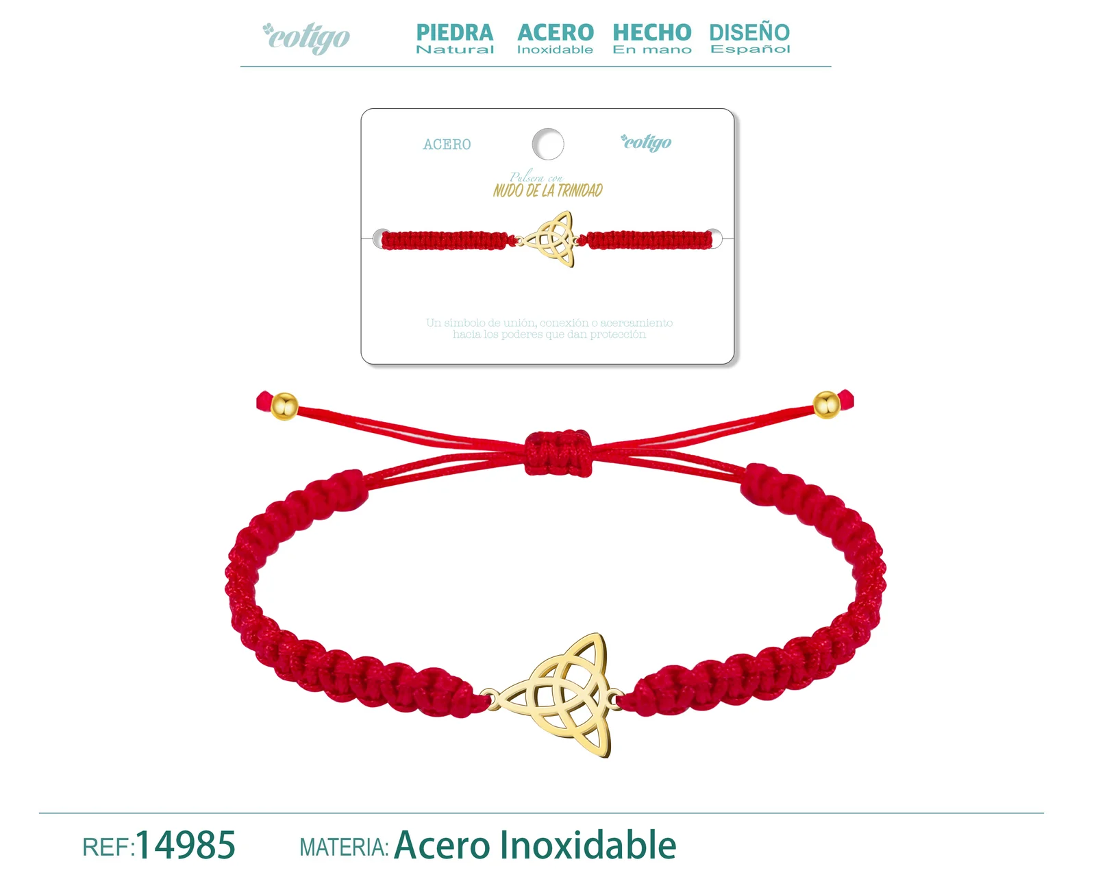 PULSERA HILO DESTINO  CON NUDO DE LA TRINIDAD ACERO DORADO